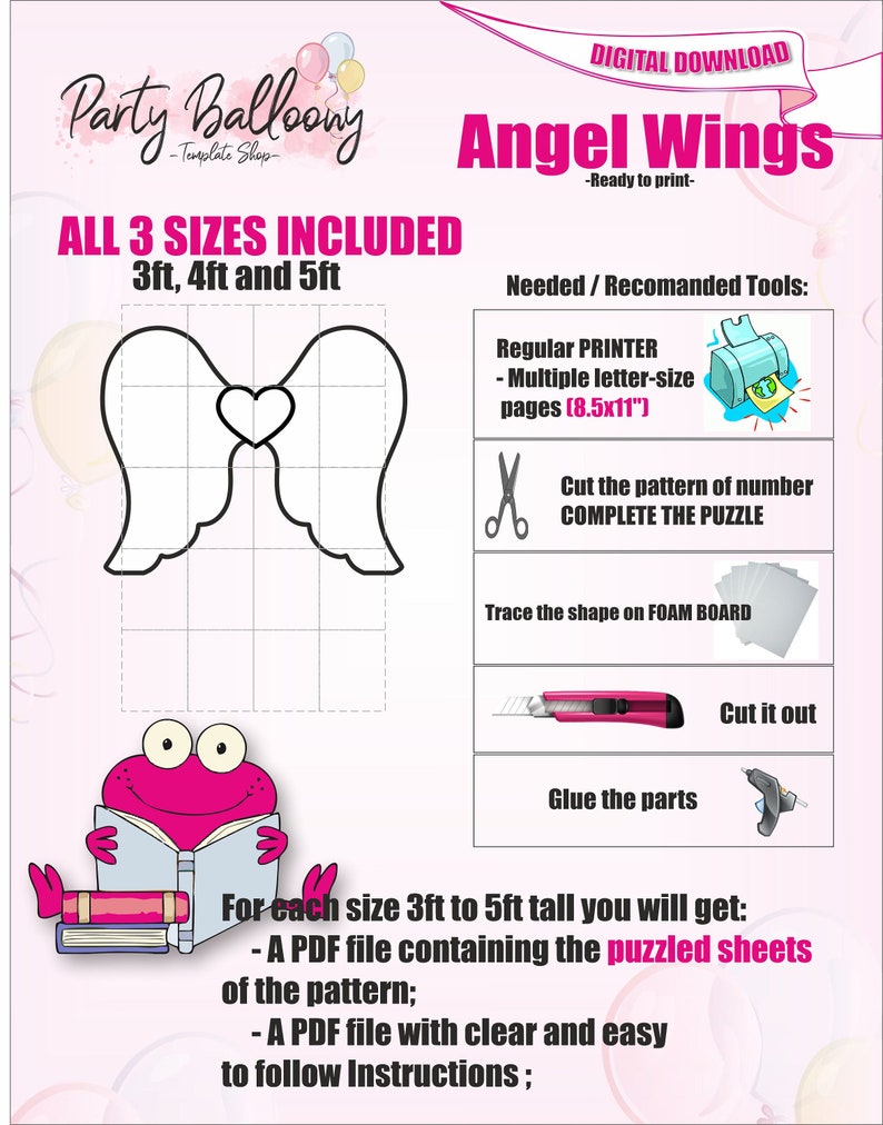 Peut inclure: T&eacute;l&eacute;chargement num&eacute;rique d'un mod&egrave;le d'ailes d'ange en trois tailles : 91 cm, 122 cm et 152 cm. Le motif comprend un c&oelig;ur au centre. Les instructions et les outils n&eacute;cessaires sont indiqu&eacute;s, notamment une imprimante, des ciseaux et du carton mousse. Une grenouille rose lit un livre.