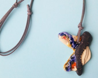 Handmade Ceramic Necklace - Blue, Black, Orange