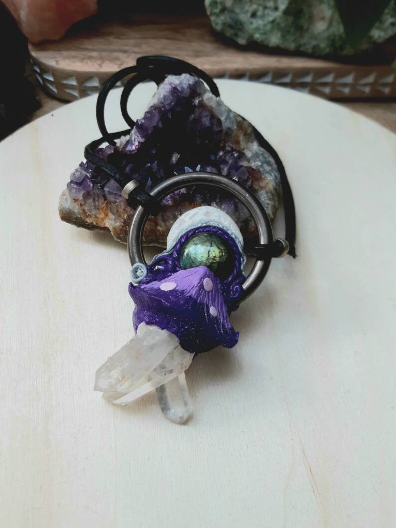 Labradorite crystal necklace moon necklace sculpted Quartz boho Amethyst moon Mushroom necklace hippie clay necklace