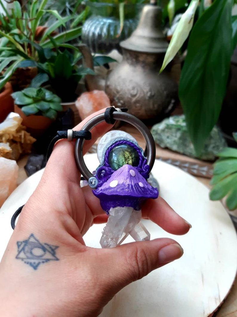 Labradorite crystal necklace moon necklace sculpted Quartz boho Amethyst moon Mushroom necklace hippie clay necklace