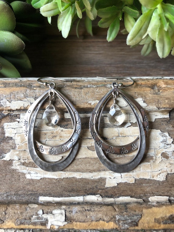 Hammered Sterling Silver Earrings Teardrop Shape with Beaded Accents Antiqued Finish Hammered Sterling Silver Earrings Teardrop Shape with Beaded Accents Antiqued Finish