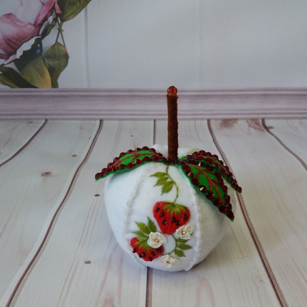 Apple pincushion Vintage flowers Vintage Textiles Hand Embroidery Sewing Organizer Handmade Apple Pincushion apple strawberry gifts