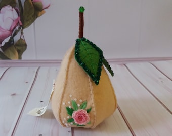 Decorative pear Felt handmade pincushion Brazilian embroidery Pin cushion pear Vintage flowers Sewing Organizer  beige