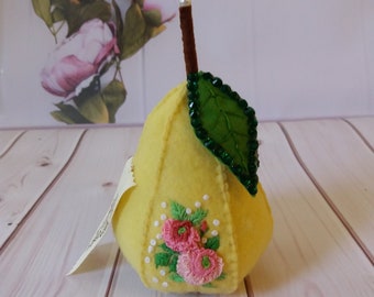 Decorative pear,pincushion, yellow, handmade pincushion, home decor,pincushion Vintage flowers, Sewing Organizer,Brazilian embroidery