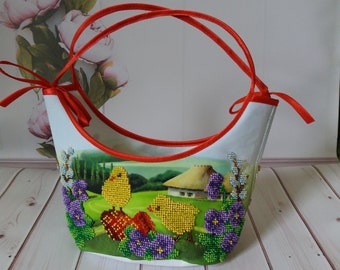 Easter basket, hand-embroidered with a biblical scene