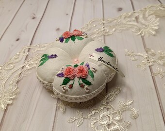 Brazilian Embroidery Pincushion: Handmade Linen Roses & Lilac a gift from a craftswoman ,handmade art work