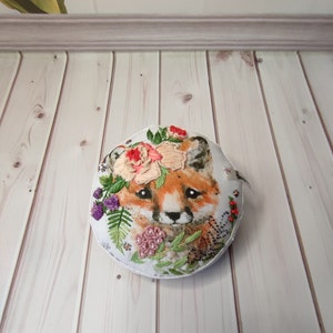 Fox Needle Cushion: Brazilian Embroidery, Vintage Floral Pincushion a gift from a craftswoman