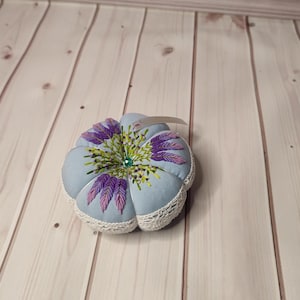 Hand Embroidered Lavender Bouquet Pincushion, Linen Sewing Organizer, Rococo Style seamstress gift