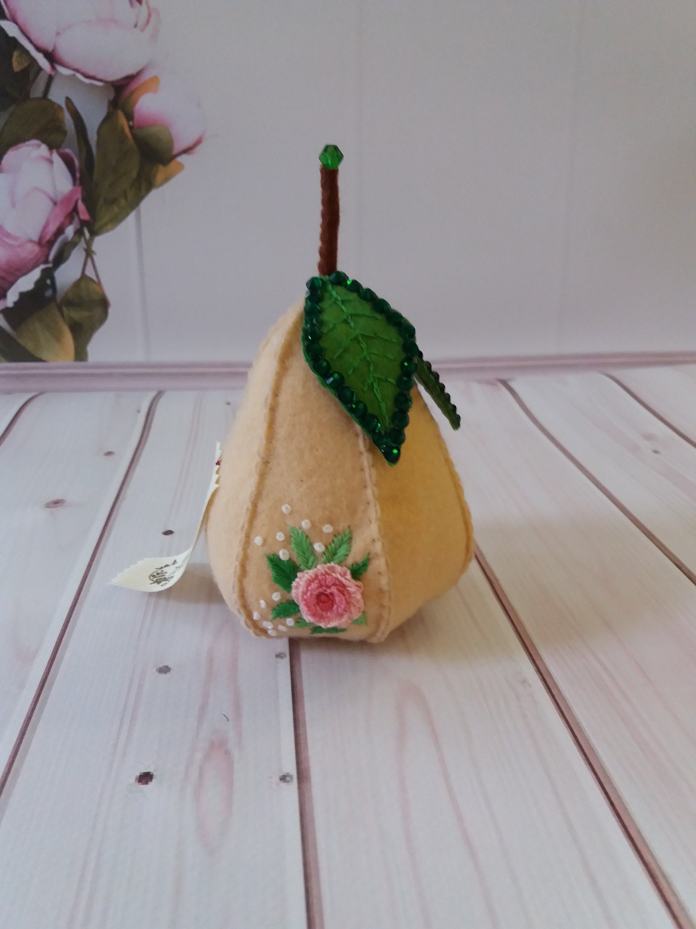 Decorative pear Felt handmade pincushion Brazilian embroidery Pin cushion pear Vintage flowers Sewing Organizer  beige