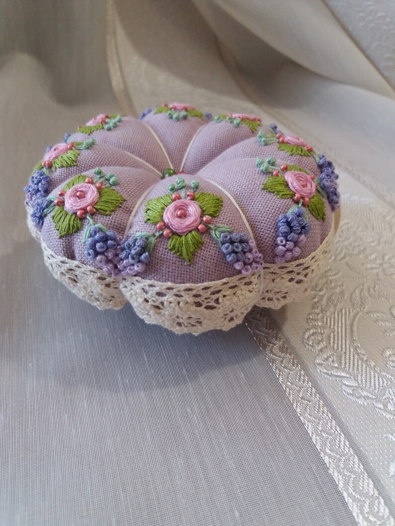 Pincushion Brazilian Embroidery Roses and Lilac Vintage Etsy
