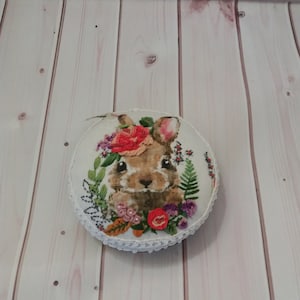 Rabbit Pin Cushion: Brazilian Embroidery, Vintage Floral Sewing Organizer a gift from a craftswoman
