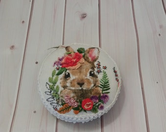 Rabbit a big needle Pin cushion Brazilian embroidery Vintage pincushion Vintage flowers Vintage Textiles Hand Embroidery Sewing Organizer