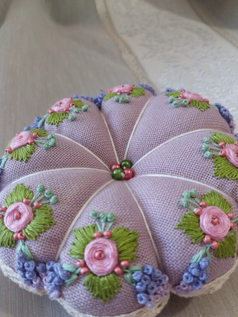 Pincushion Brazilian Embroidery Roses and Lilac Vintage Etsy