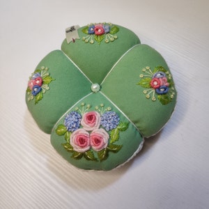 Handmade Floral Pincushion: Brazilian Embroidery, Vintage Sewing Organizer a gift from a craftswoman