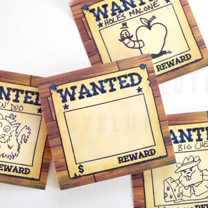 May include: Four wanted posters with cartoon characters. The posters are brown and yellow with a wooden frame. The characters are a worm, a cat and a mouse, and a mouse with a piece of cheese. The text on the posters says "WANTED" and includes the character's name and a reward amount.