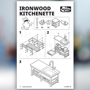May include: A black and white assembly instruction sheet for a wooden play kitchen called "Ironwood Kitchenette" by Nookea. The instructions show three steps for assembling the kitchen, with illustrations of each step.