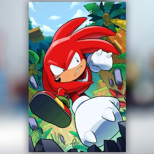 May include: A red and white cartoon character with a determined expression, running through a jungle setting. The character has a red body, white gloves, and green shoes. The background features palm trees, green foliage, and brown wooden structures.