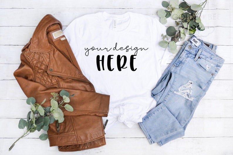 INSTANT DOWNLOAD Bella Canvas 3001 T-Shirt Mockup High Resolution JPG Flat Lay File Jeans Leather Wood Spring Fall Tshirt Mockup jpeg