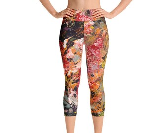 Women’s Capri Leggings, Abstract Art Print Yoga Pants, Colorful High Waist Leggings, Boho Activewear,  Redaway