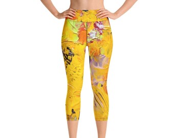 Women’s Capri Leggings, Abstract Art Print Yoga Pants, Colorful High Waist Leggings, Boho Activewear, Marigold Explosion