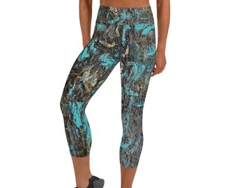 Women’s Capri Leggings, Abstract Art Print Yoga Pants, Colorful High Waist Leggings, Boho Activewear, Night Time Blues