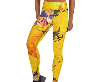 Leggings for Women, Ankle Length Yoga Pants, Artist Designed Fashion Leggings, Stretchy Polyester Spandex, Marigold Explosion