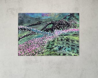 Canvas Fine Art Prints: Home or Office Wall Art, Abstract Art, Wall Decor, Pink Flowers Landscape, Black, A Pathway of Blossoms