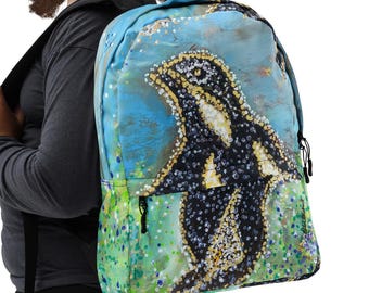 Back to School Backpack, Water-Resistant, Laptop Bag, Inside Pocket, Zipper, Padded Shoulder Straps, Art: Penguin on a Journey