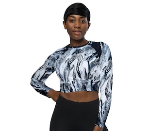 Women's Long Sleeve Crop Top, Athletic Wear, Abstract Art Inspired, Stormy Night & Wild Ocean