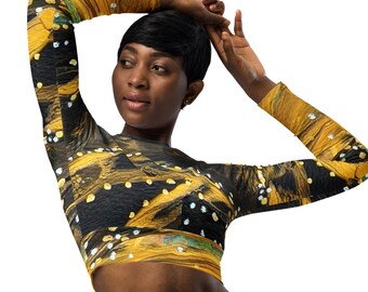 Long Sleeve Crop Top Women | Yoga Top | Workout Shirt | Abstract Art Clothing | Activewear | Goldenscape