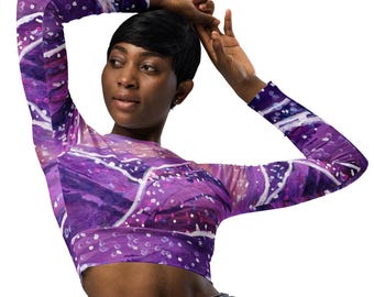 Long Sleeve Crop Top Women | Yoga Top | Workout Shirt | Abstract Art Clothing | Activewear | White Pebbles on Lilac Hills