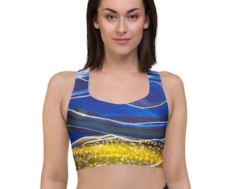 Sports Bra, Longline, Running, Jumping, Exercising, Yoga, Mesh Lined, Removable Padding, Double Layered, Blue Mountains