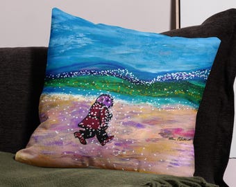 Decorative Home Decor Pillow, Stylish, Abstract Art Inspired Design, Ocean, Waves, Sleepwalking Along The Beach