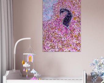 Canvas Fine Art Prints: Abstract Art, Wall Decor, Greens, Foliage, Contemporary,  Penguin on Pink Mountain