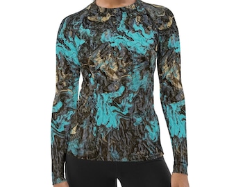 Rash Guard Top, Women's Long Sleeve Athletic Shirt, Abstract Art Inspired, Night Time Blues