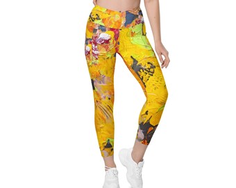 Crossover Leggings for Women, 2XS-6XL,  Yoga Pants, Pockets, Fashion Leggings, Stretchy Polyester Spandex, Marigold Explosion