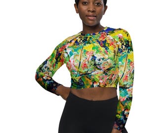 Long Sleeve Crop Top Women | Yoga Top | Workout Shirt | Abstract Art Clothing | Activewear | Summer Dance