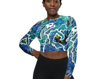 Long Sleeve Crop Top Women | Yoga Top | Workout Shirt | Abstract Art Clothing | Activewear | Pathways