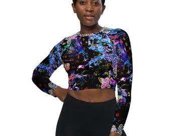 Long Sleeve Crop Top Women | Yoga Top | Workout Shirt | Abstract Art Clothing | Activewear | Butterflies in Orbit