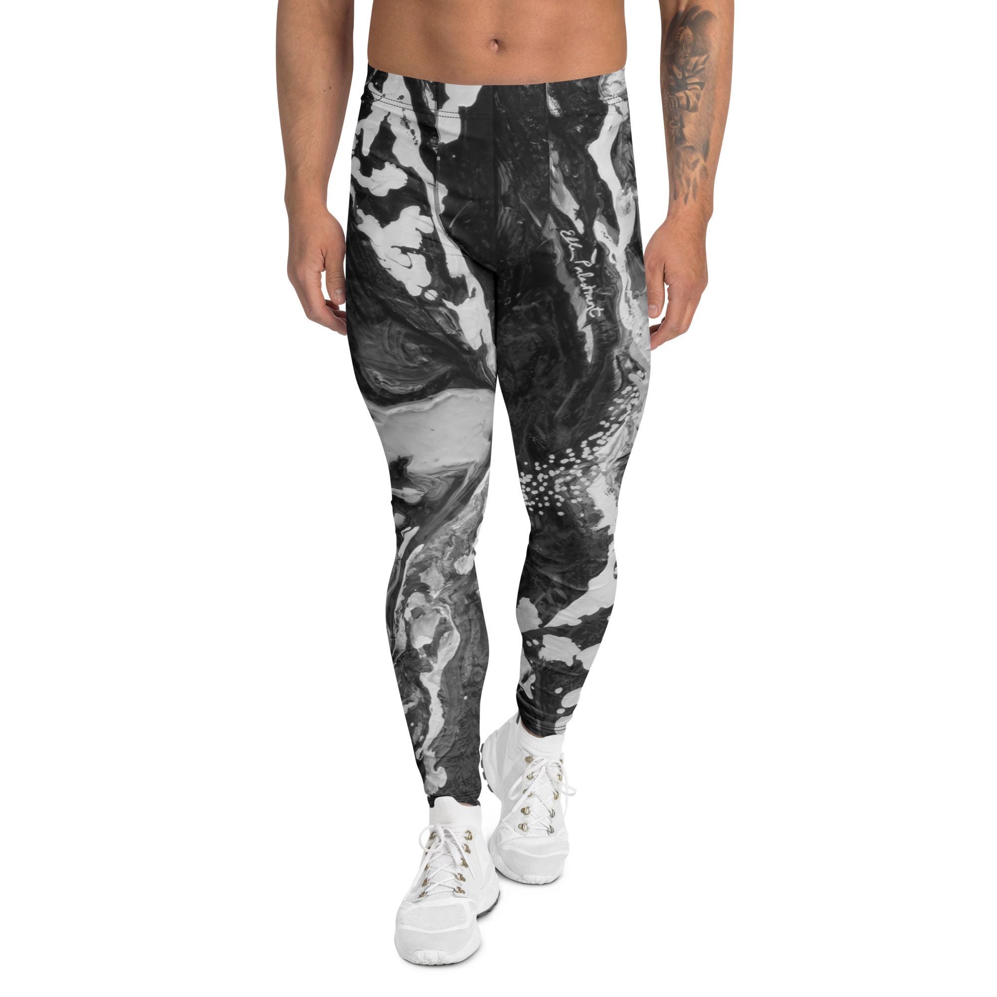 Men's Leggings, Yoga Pants, Running, Exercise, Workout, Black/White, Night Spotting: A Beluga