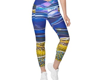 Crossover Leggings for Women, 2XS-6XL,  Yoga Pants, Pockets, Fashion Leggings, Stretchy Polyester Spandex, Blue Mountains Dappled Surrounds