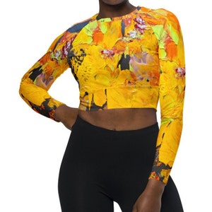 Women's Long Sleeve Crop Top, Swimming, Sport, Athletic Wear, Gift For Her, Gift For Mom, Art Inspired, Fashion, Art: Marigold Explosion image 2