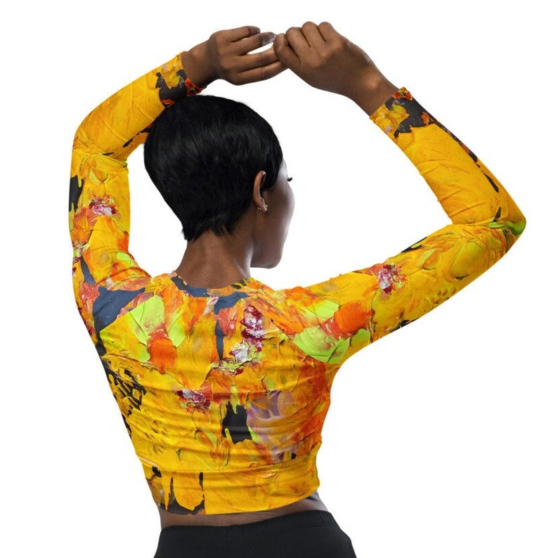 Women's Long Sleeve Crop Top, Swimming, Sport, Athletic Wear, Gift For Her, Gift For Mom, Art Inspired, Fashion, Art: Marigold Explosion image 3