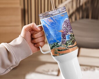 Elephant Travel Mug, Large, 40oz, Stainless Steel, Straw, Screw-on Lid, Handle, Cupholder Size, Spill-Proof, Drifting Through The Snowflakes