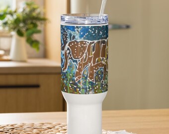 Elephant Travel Mug, Large, 40oz, Stainless Steel, Straw, Screw-on Lid, Handle, Fits Cupholders, Spill-Proof, Journeying In a Dream