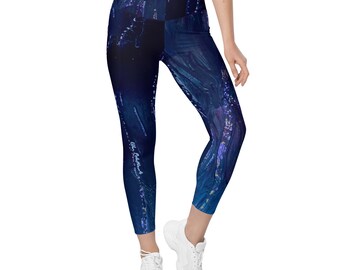 Crossover Waist Yoga Leggings, Yoga and Workout Pants, High-Waisted, Abstract Art Inspired, Pearl Island at Night