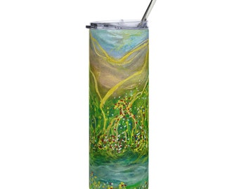 Stainless Steel Tumbler, Hot or Cold Beverages, Art: Mountains in Bloom, Floral, Green, Landscapes, Gift For Her