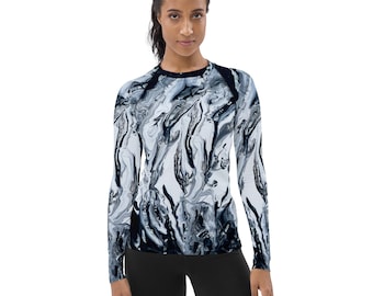 Women's Long Sleeve Top, Rash Guard, UPF 50, Stretch, Slim Fit, Long, Stormy Night & Wild Ocean