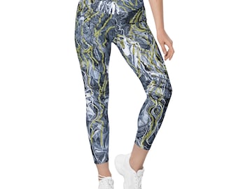 Crossover Waist Yoga Leggings, Yoga and Workout Pants, High-Waisted, Abstract Art Inspired, Night Sea