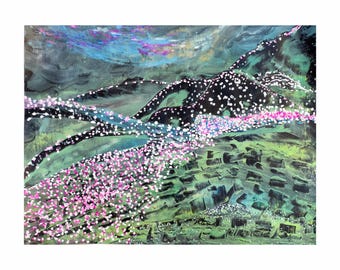 A Pathway of Blossoms - Original Painting, Landscapes Collection, Abstract Contemporary Art, Nature, Pink Flowers